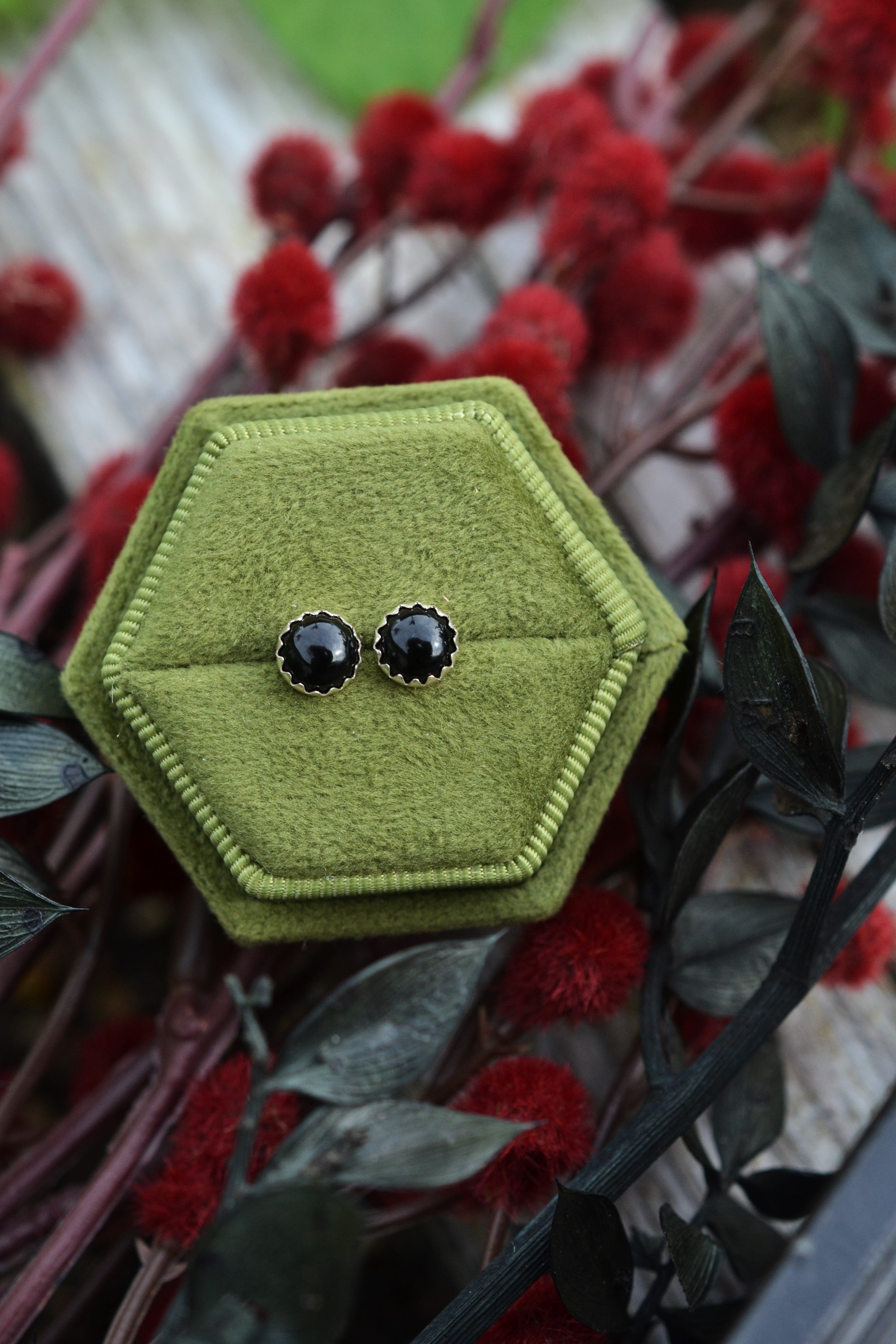 One Pair of Black Onyx Stud Earrings - 6mm Round - Sterling Silver