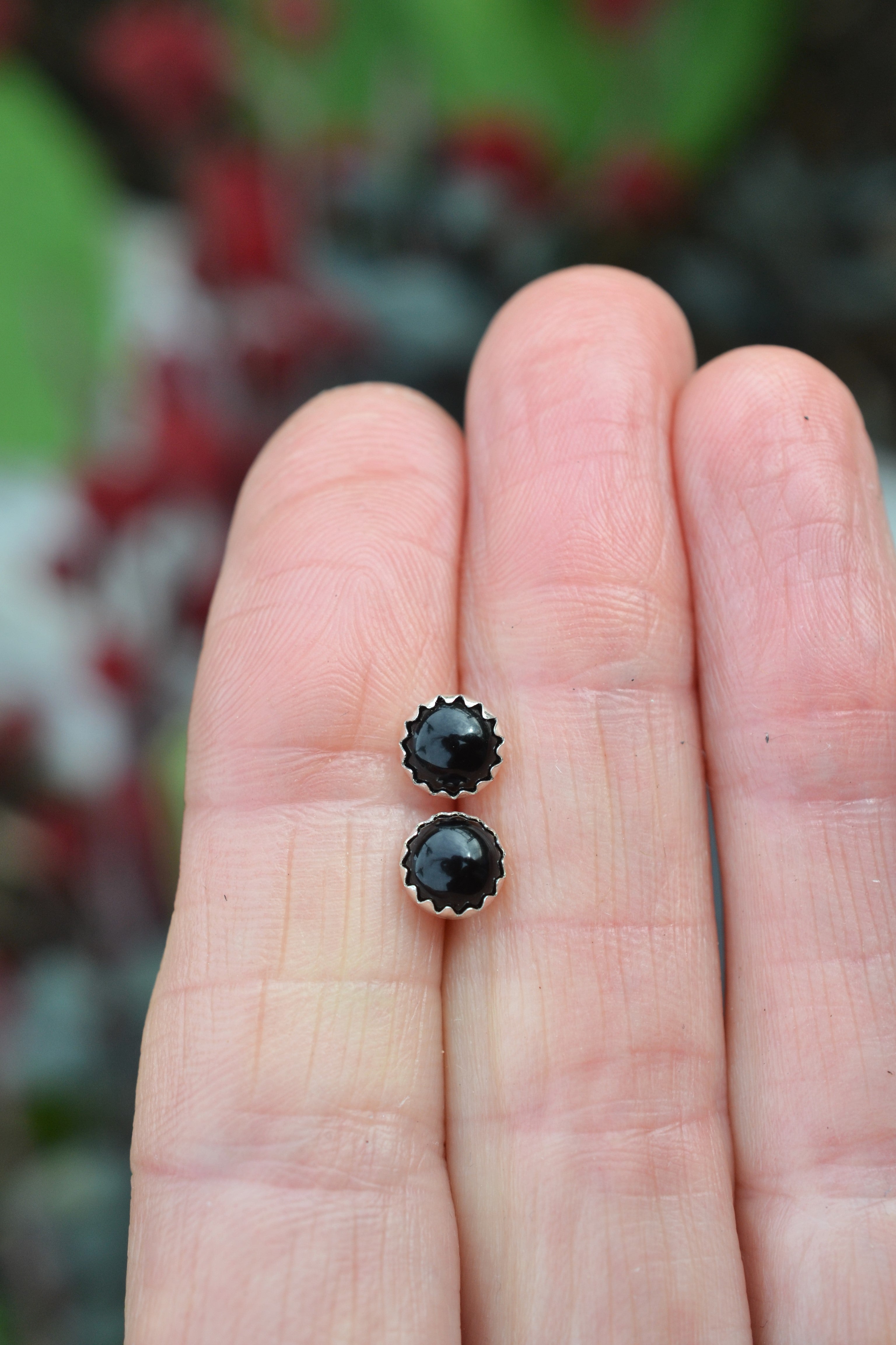 One Pair of Black Onyx Stud Earrings - 6mm Round - Sterling Silver