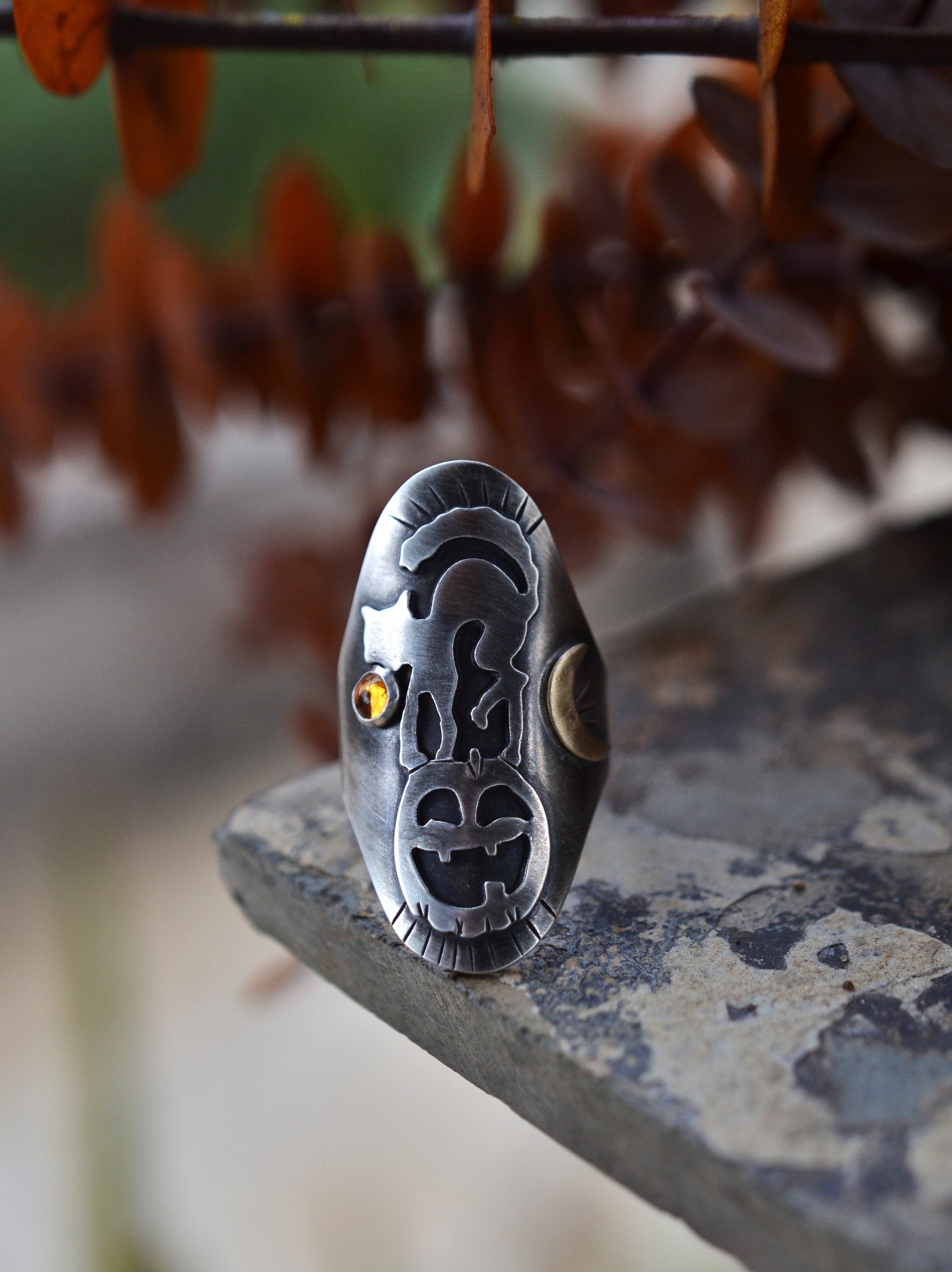Black Cat / Jack-0-Lantern Ring - Size 8.5  - Citrine