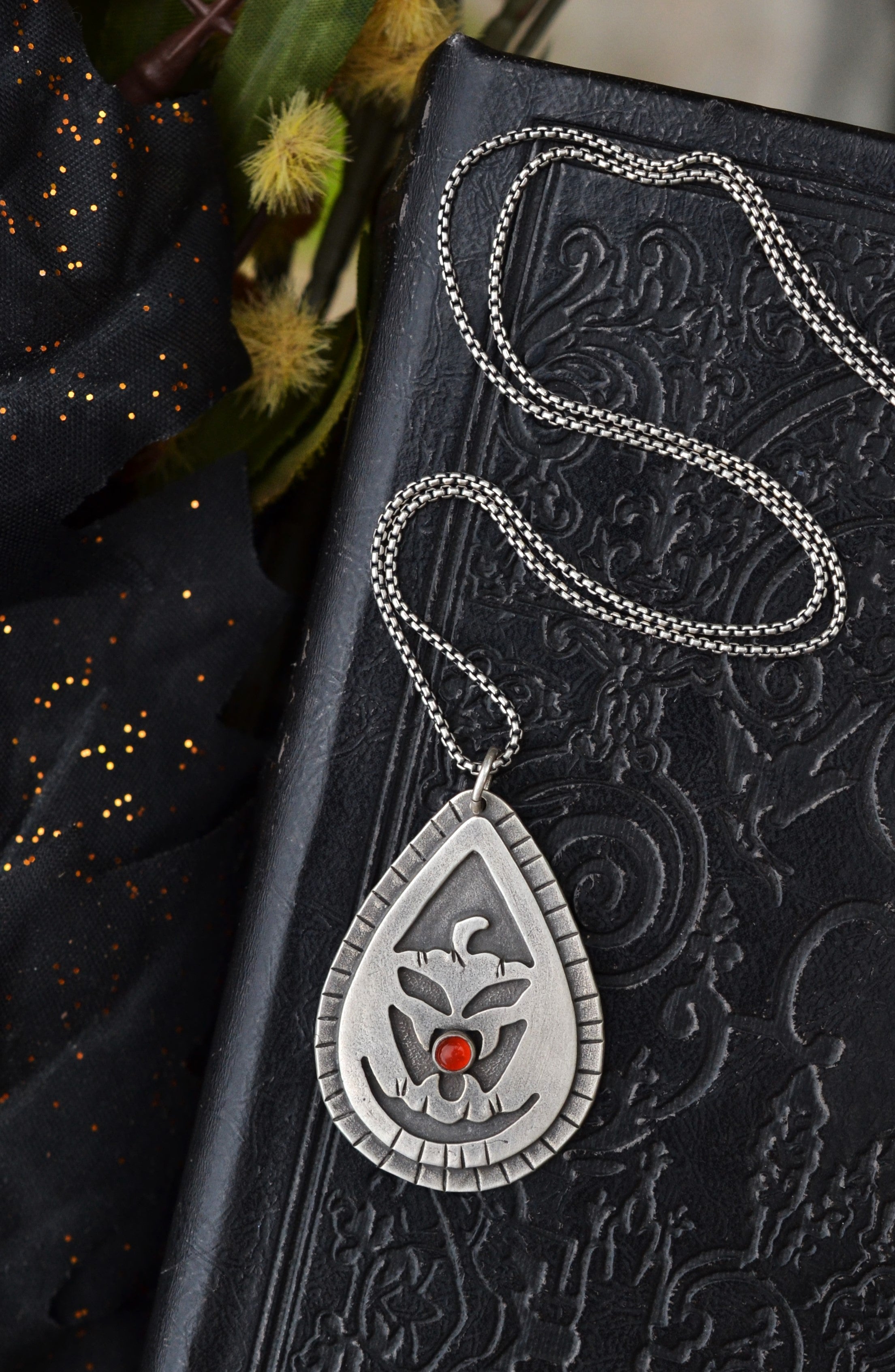 Jolly Jack-O-Lantern Charm Necklace - Carnelian - 18" Chain Included