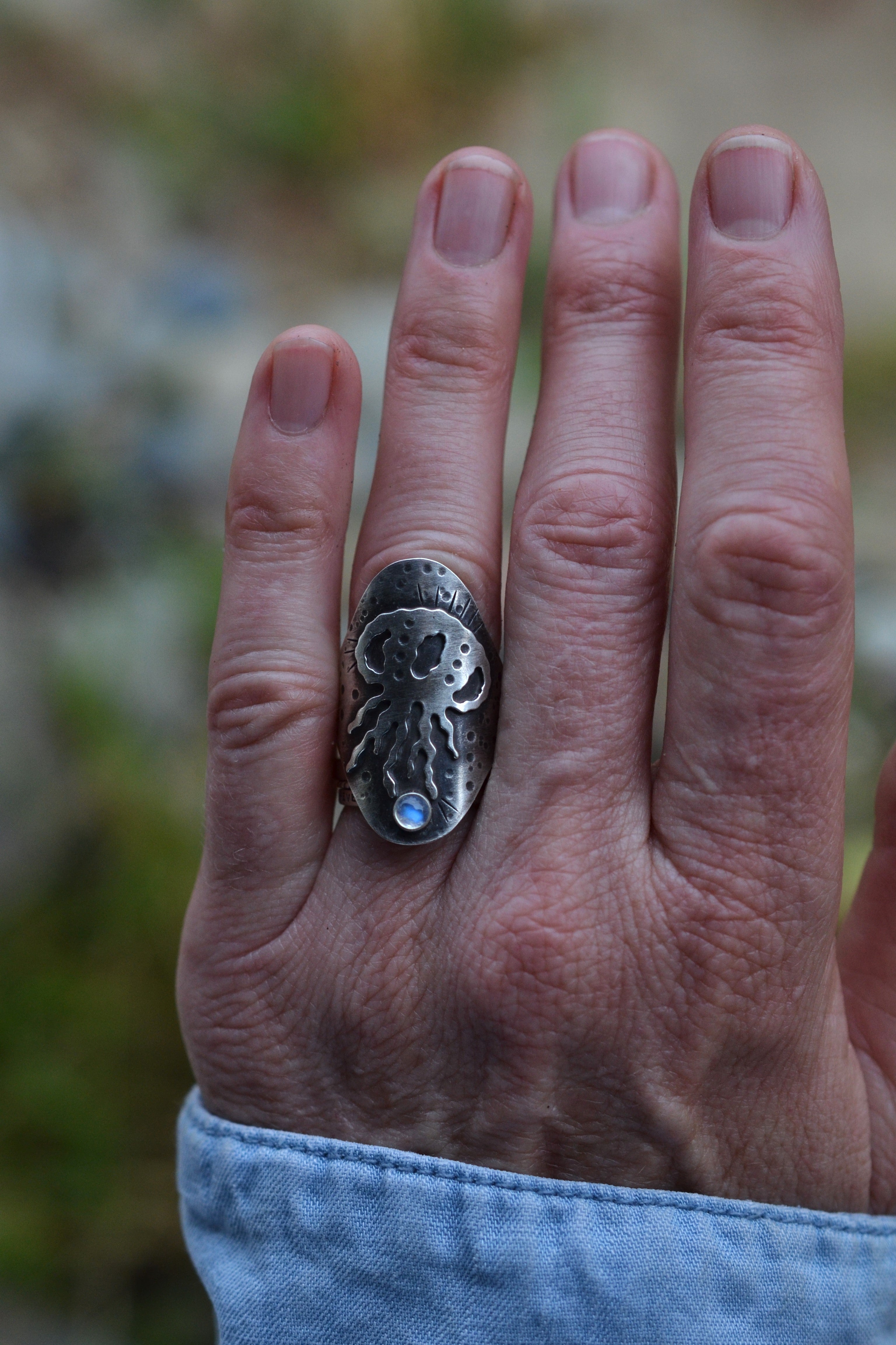 Jellyfish Saddle Ring - Will fit like a Size 7.5 - Rainbow Moonstone