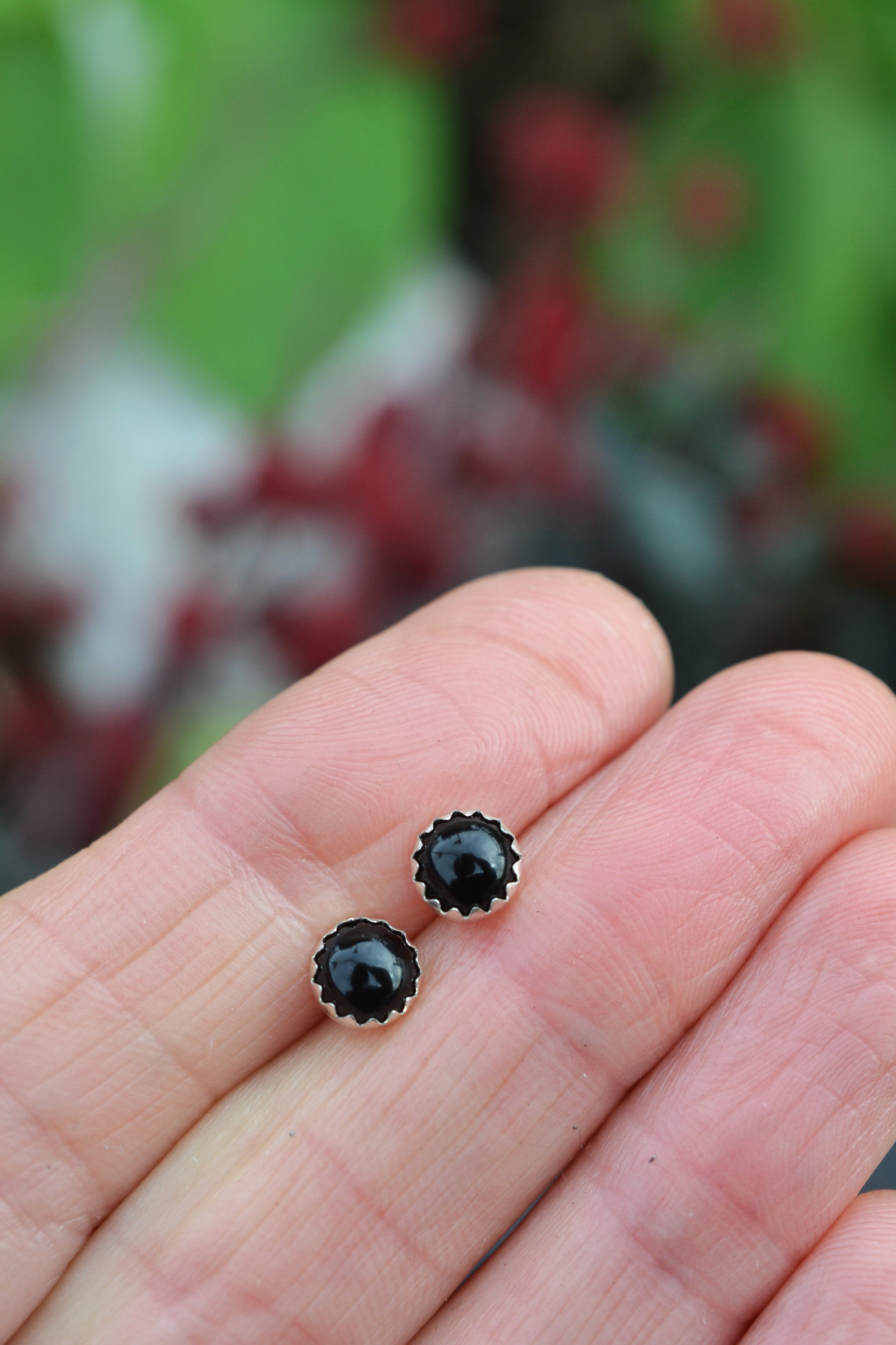 One Pair of Black Onyx Stud Earrings - 6mm Round - Sterling Silver