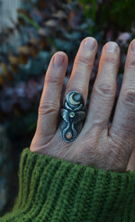 Luna Moth Ring - Peridot and peach Moonstone - Will Fit like a Size 6.5