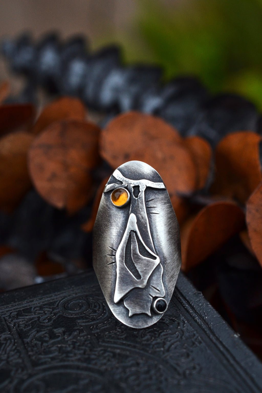 Hanging Bat Ring - Citrine and Black Onyx - Will Fit Like a Size 9