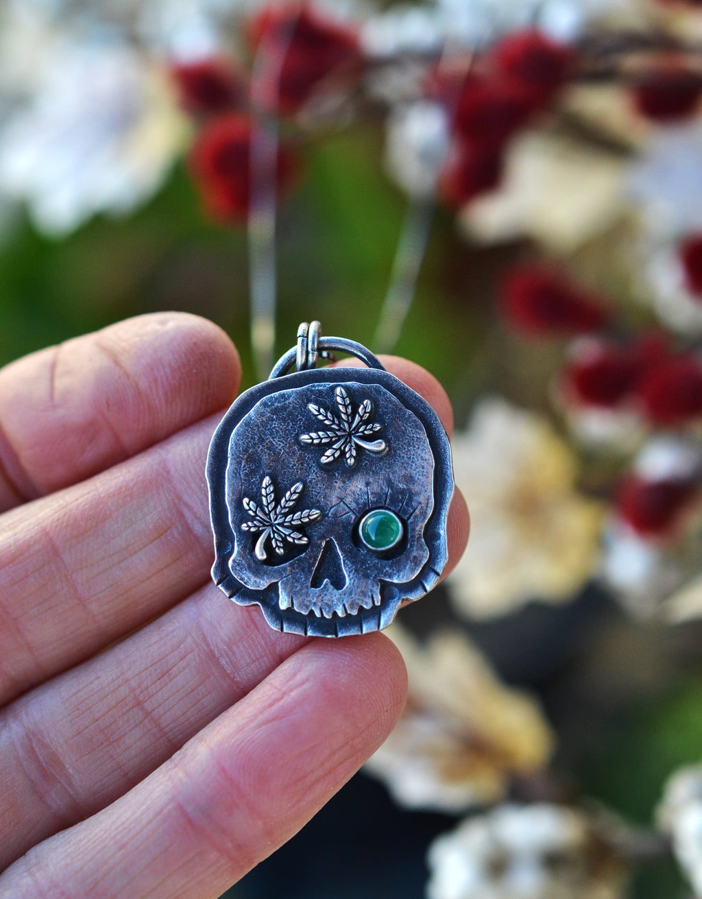 Skull Charm -  2 Mary Jane Leaves - Green Onyx - 18" Box Chain Included