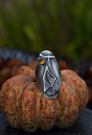 Hanging Bat Ring - Citrine and Black Onyx - Will Fit Like a Size 9