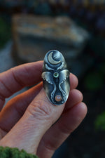 Luna Moth Ring - Peridot and peach Moonstone - Will Fit like a Size 6.5