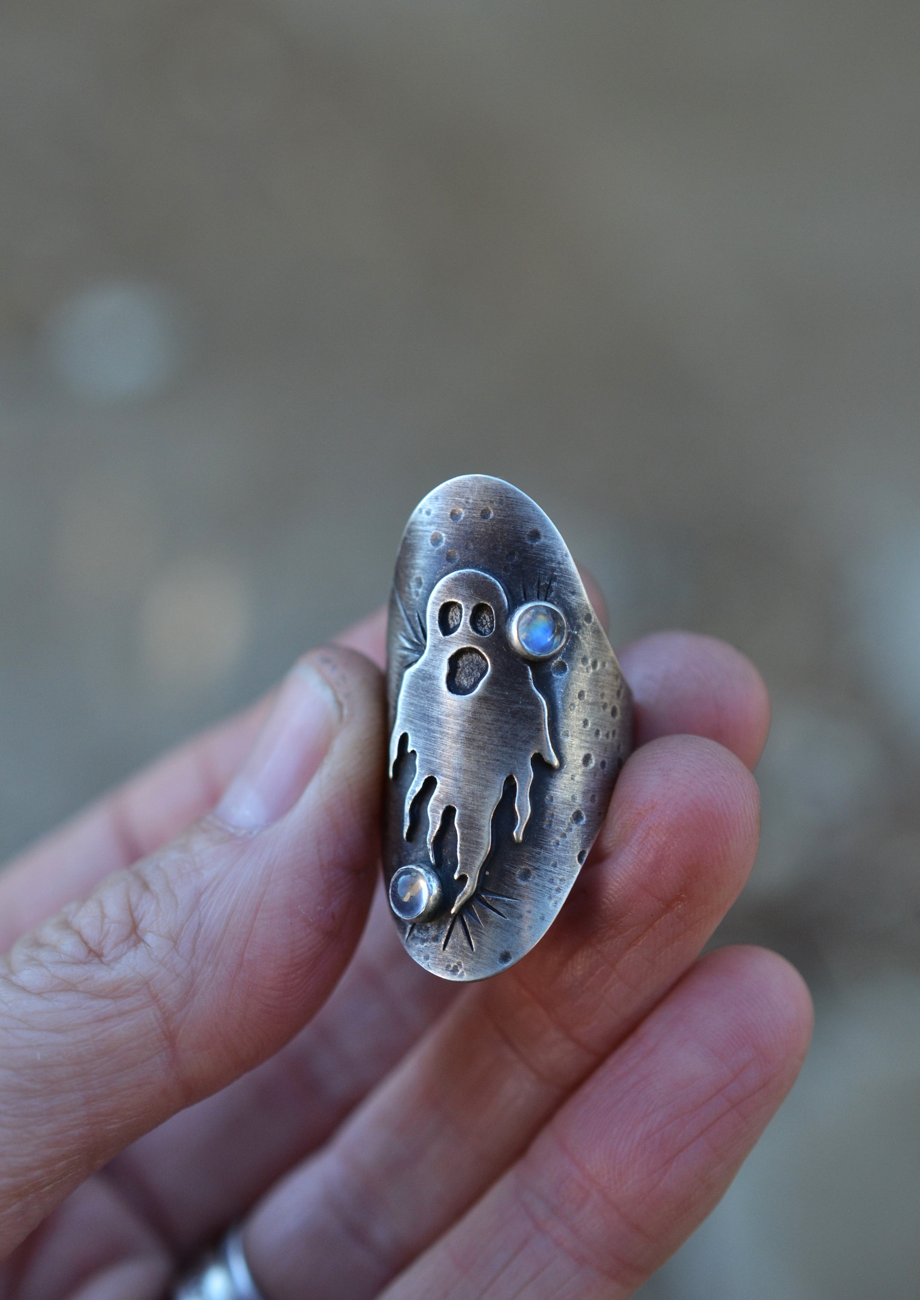 Ghastly Ghost Ring  - Rainbow Moonstone - Size 7