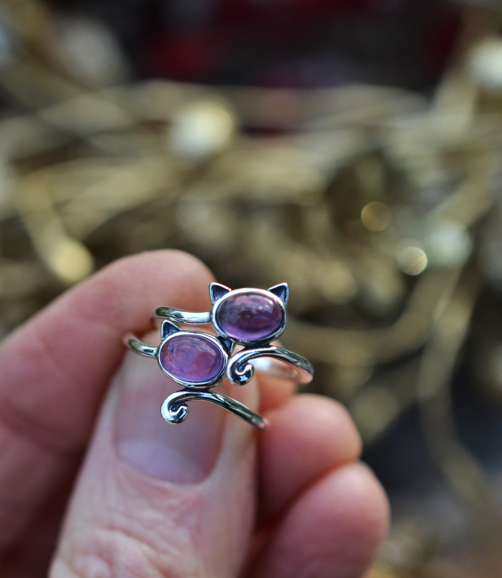 Amethyst Cat Ears Ring - Sterling Silver - Sizes 5-10