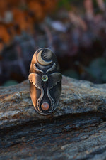 Luna Moth Ring - Peridot and peach Moonstone - Will Fit like a Size 6.5