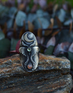 Luna Moth Ring - Peridot and peach Moonstone - Will Fit like a Size 6.5