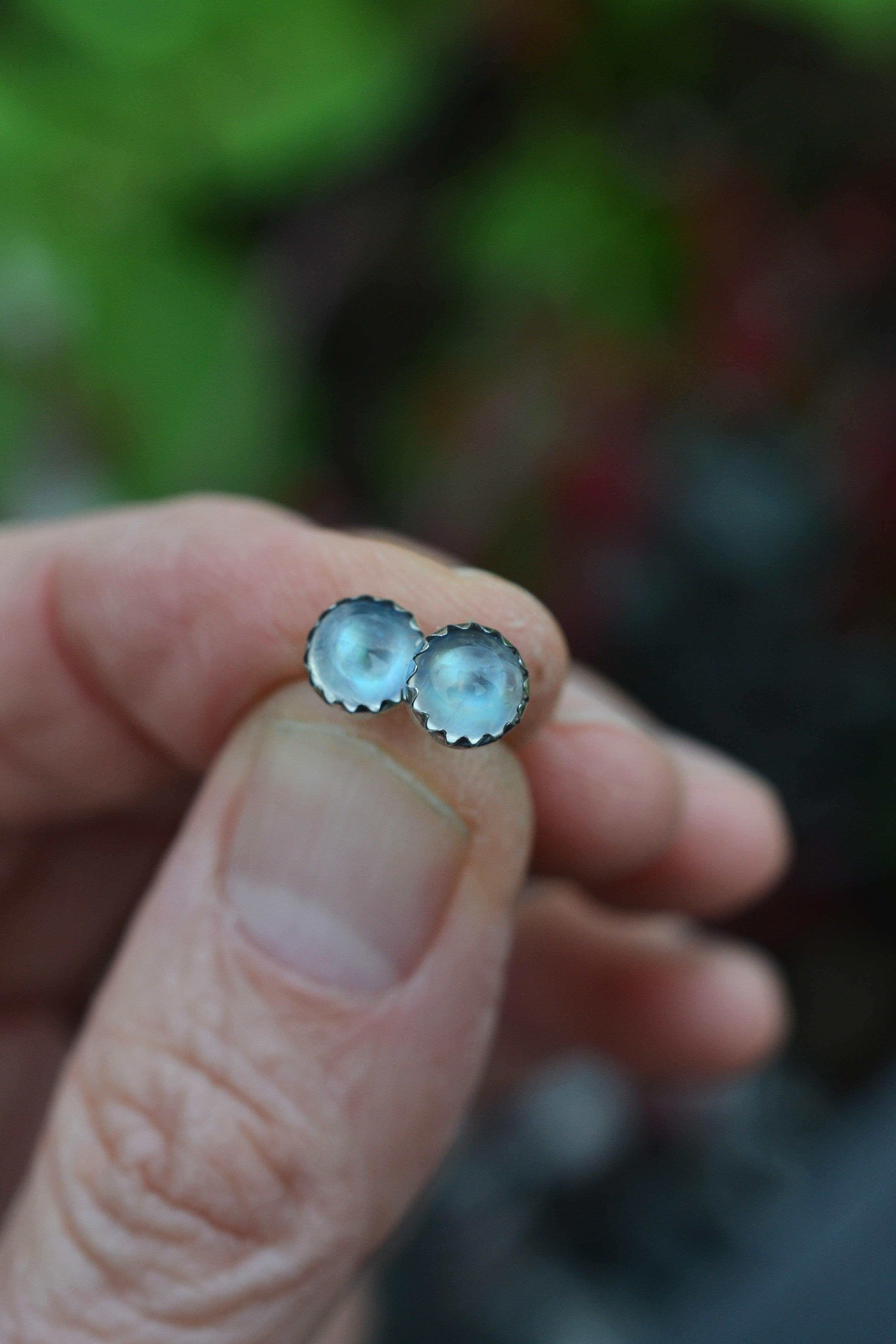 One Pair of 6mm Gemstone Studs - Rainbow Moonstone