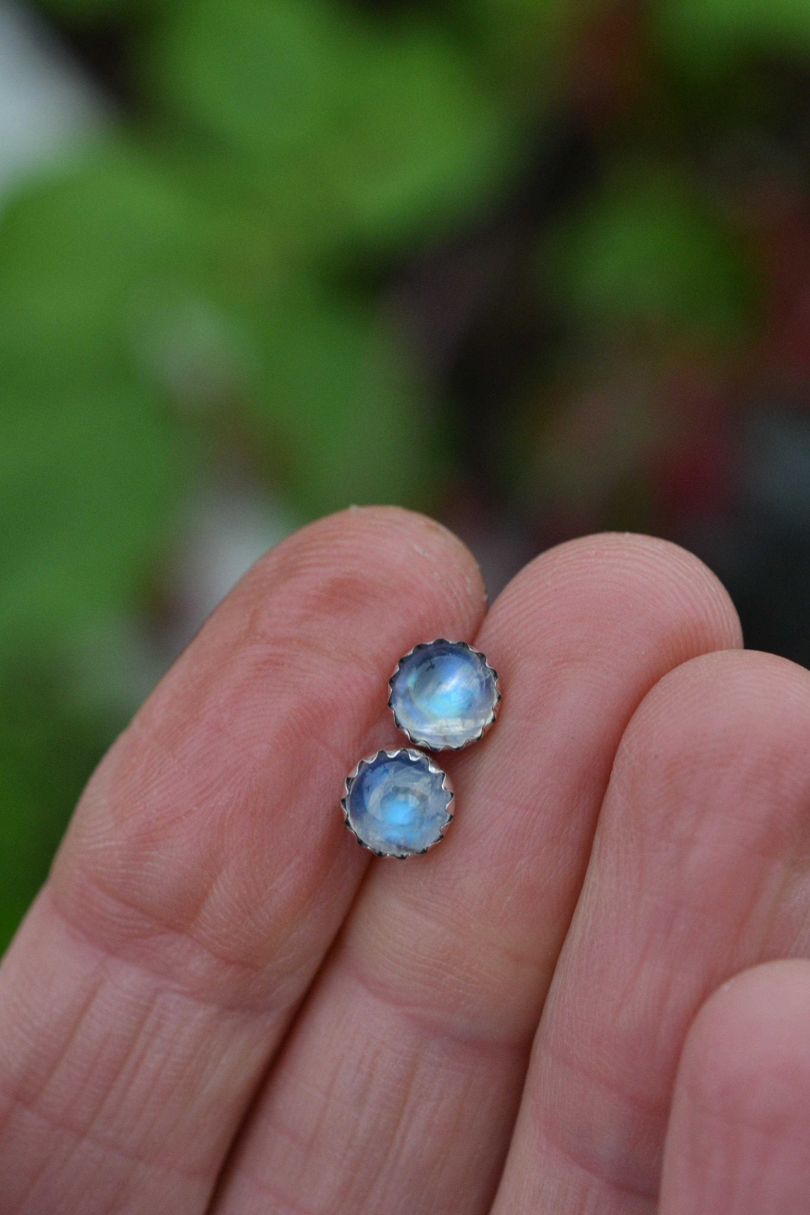 One Pair of 6mm Gemstone Studs - Rainbow Moonstone