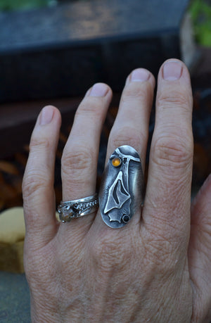 Hanging Bat Ring - Citrine and Black Onyx - Will Fit Like a Size 9