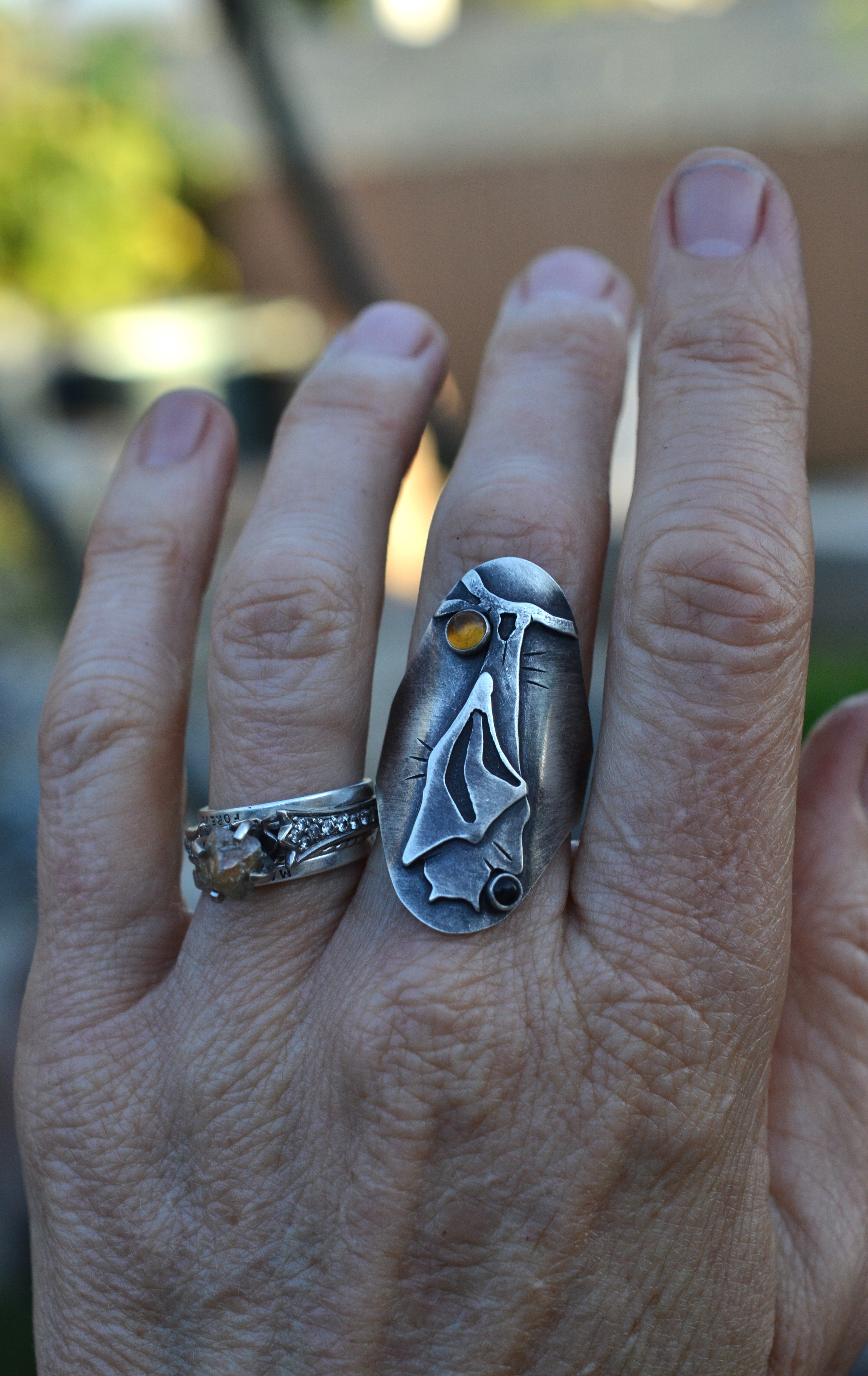 Hanging Bat Ring - Citrine and Black Onyx - Will Fit Like a Size 9