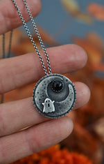 Hallows Eve Midnight Moon Necklace - Ghostie/Black Onyx - 24"