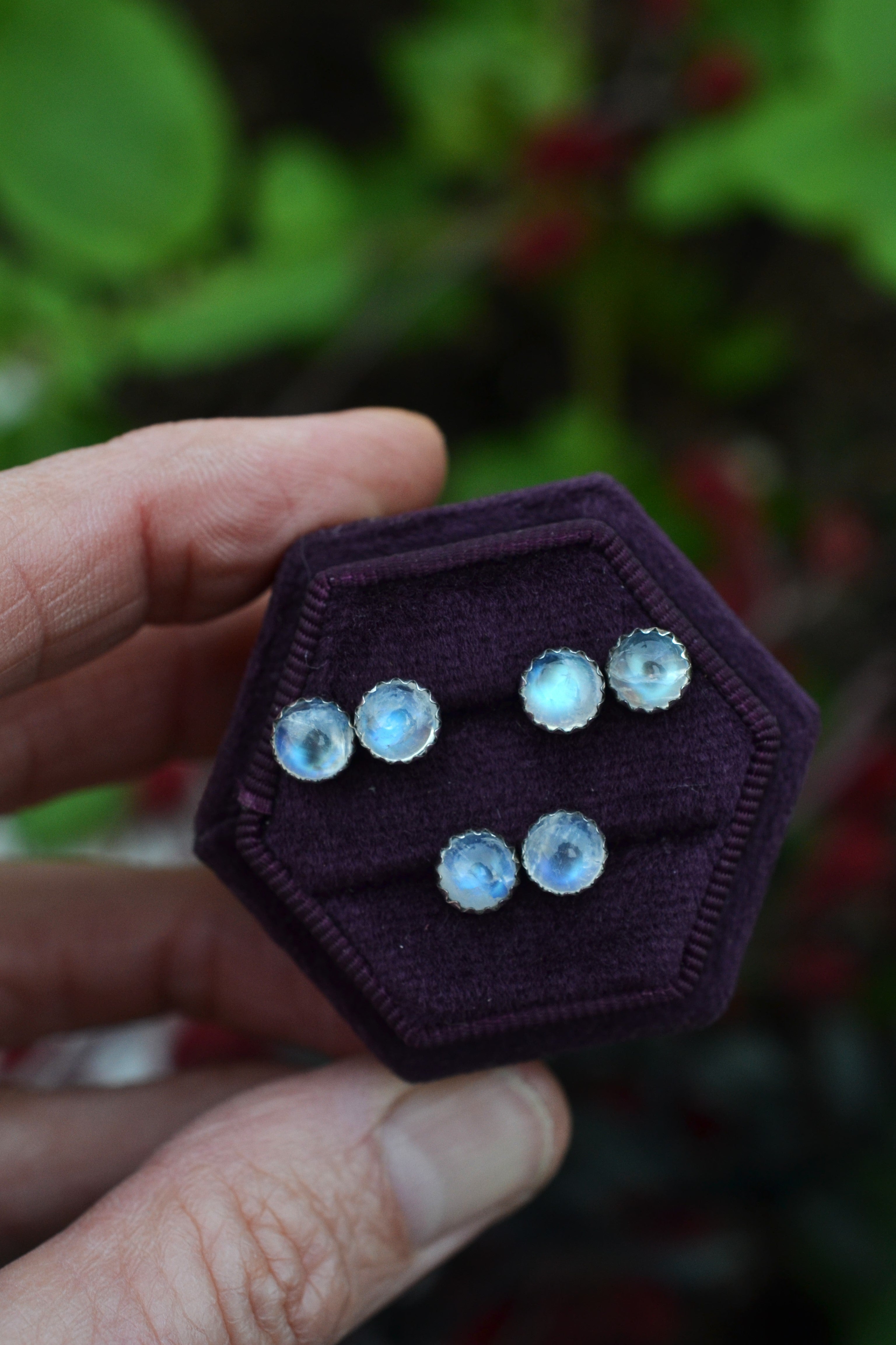 One Pair of 6mm Gemstone Studs - Rainbow Moonstone