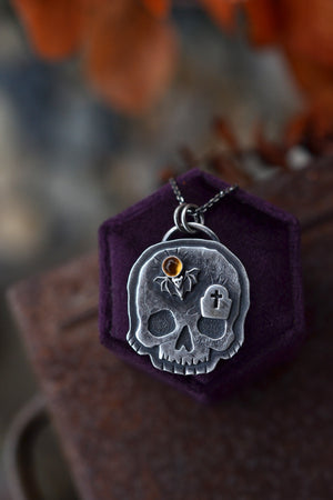 Halloween Skull Charm - Bat/Tombstone - Citrine - 18" Chain Included