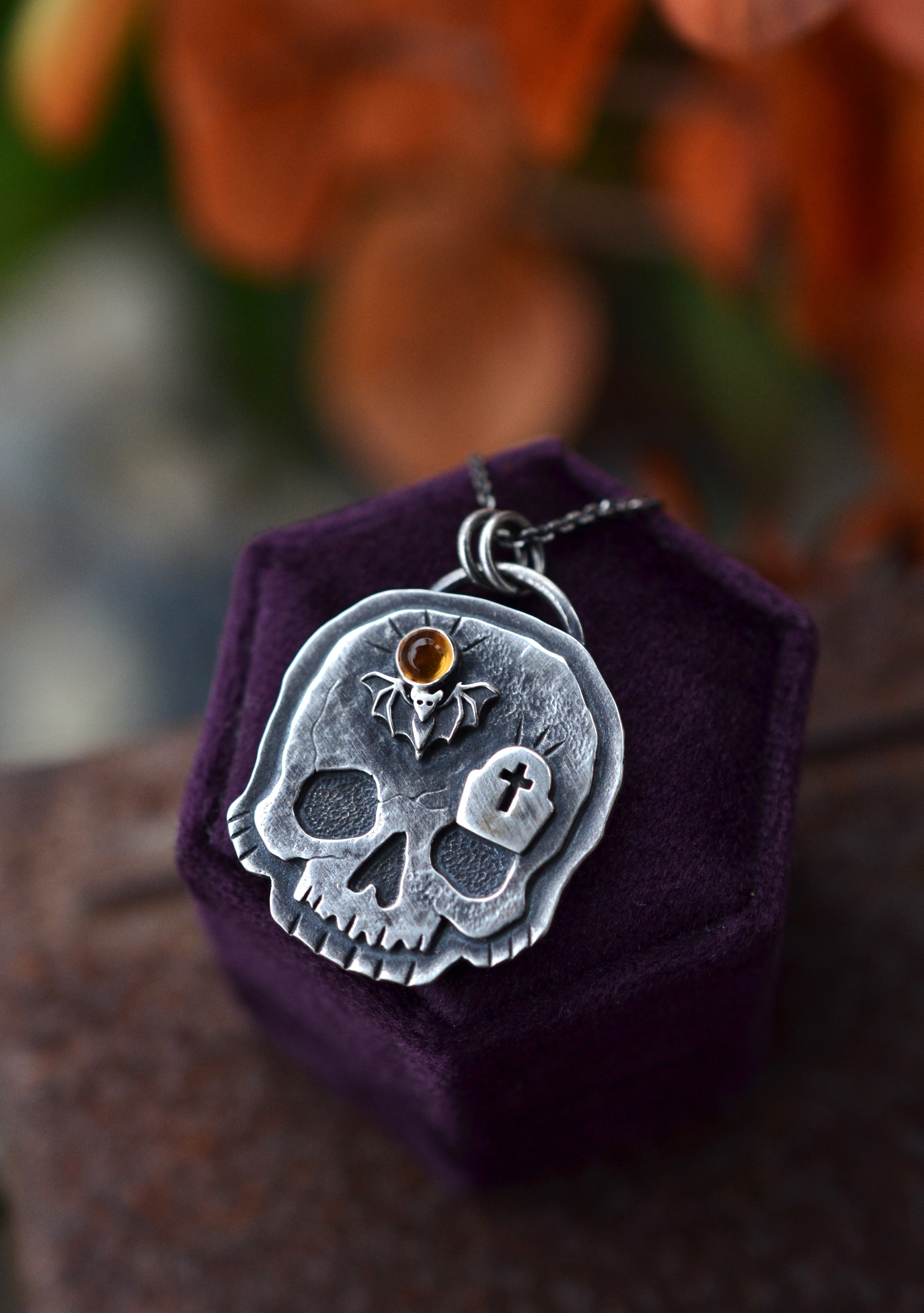 Halloween Skull Charm - Bat/Tombstone - Citrine - 18" Chain Included