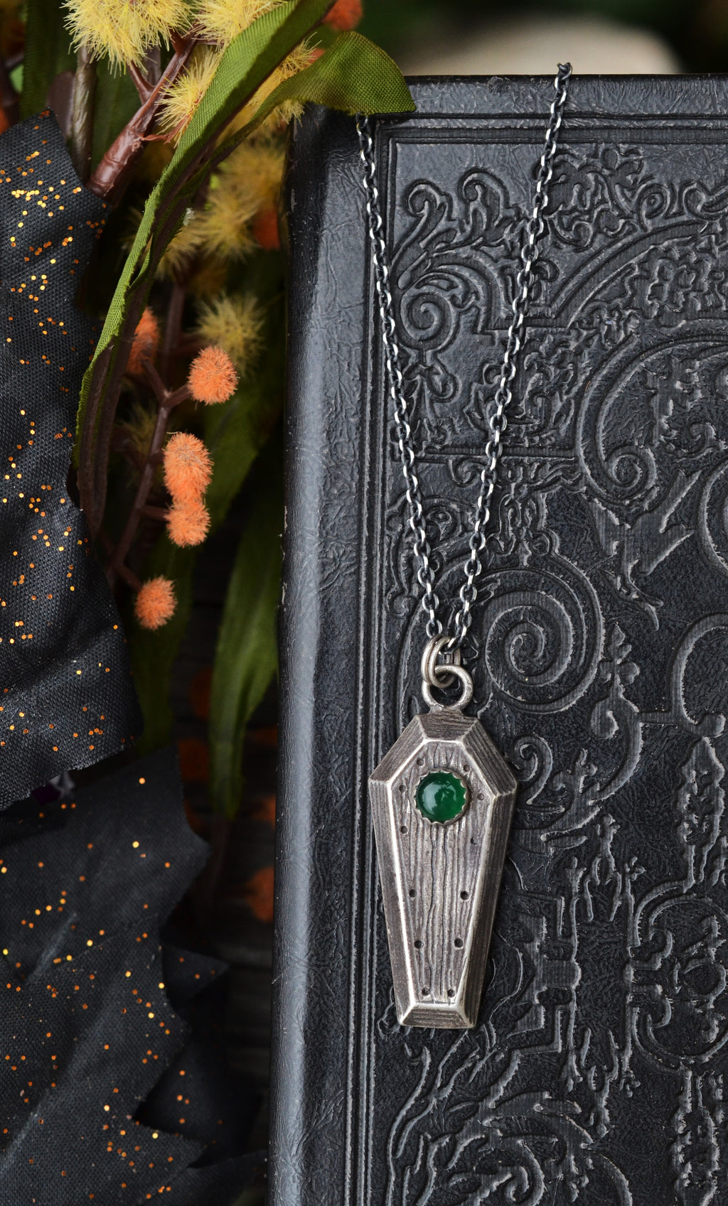 On Sale! Gemstone Coffin Necklace - Green Onyx - 18" Chain Included