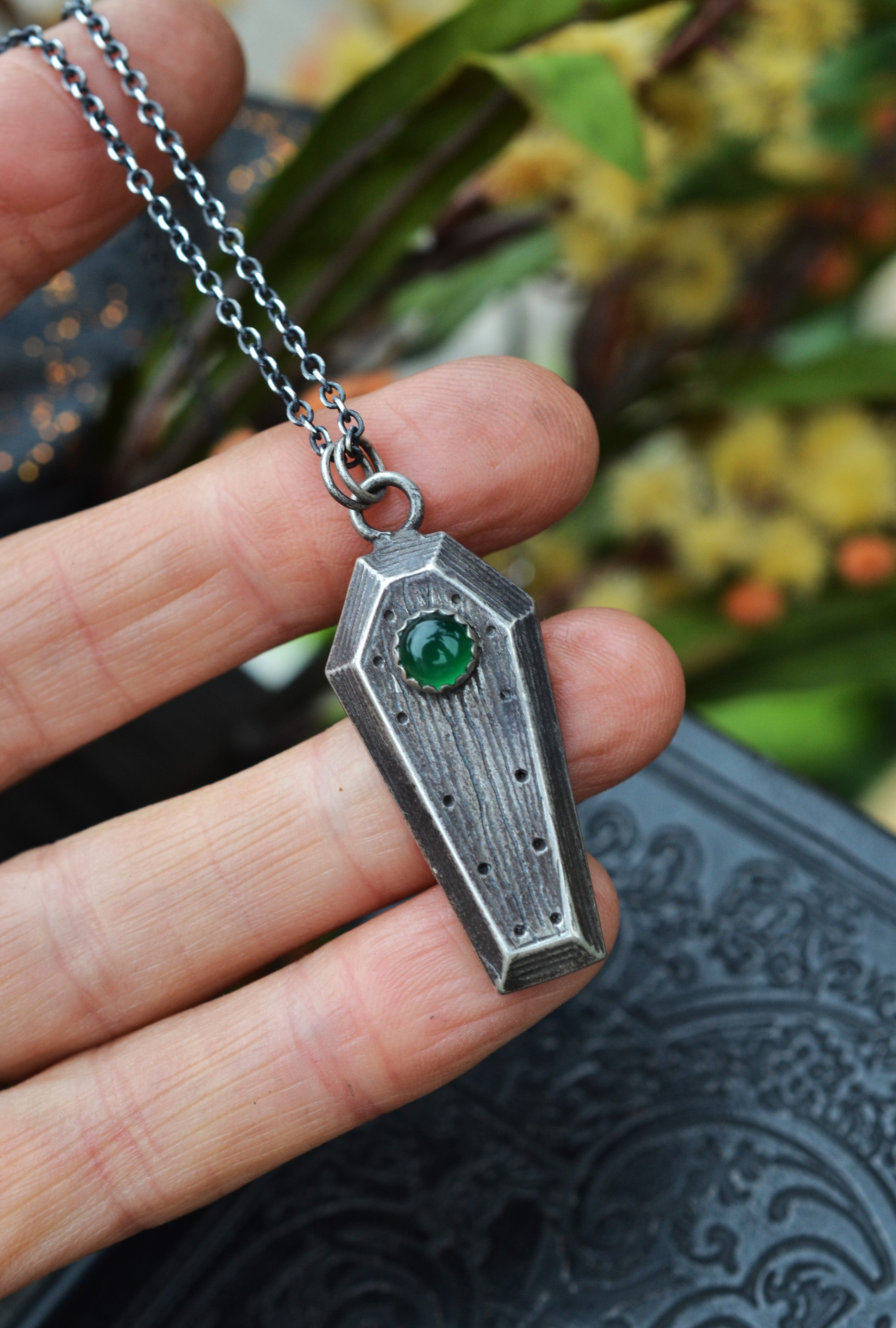 On Sale! Gemstone Coffin Necklace - Green Onyx - 18" Chain Included