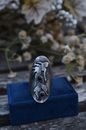 Sea Siren - Mermaid Saddle Ring - Will fit like a Size 8.5  - Black Onyx