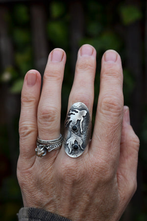 Sea Siren - Mermaid Saddle Ring - Will fit like a Size 8.5  - Black Onyx