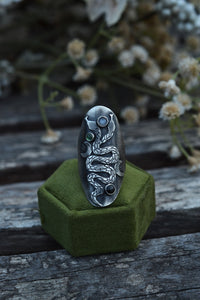 Twin Headed Snake Ring - Grey Moonstone/Green Tourmaline/Black Star Diopside - Size 7