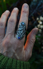 Sailors Warning Saddle Ring - CAST - Rainbow Moonstone and Lapis Lazuli - Will Fit Like a Size 9