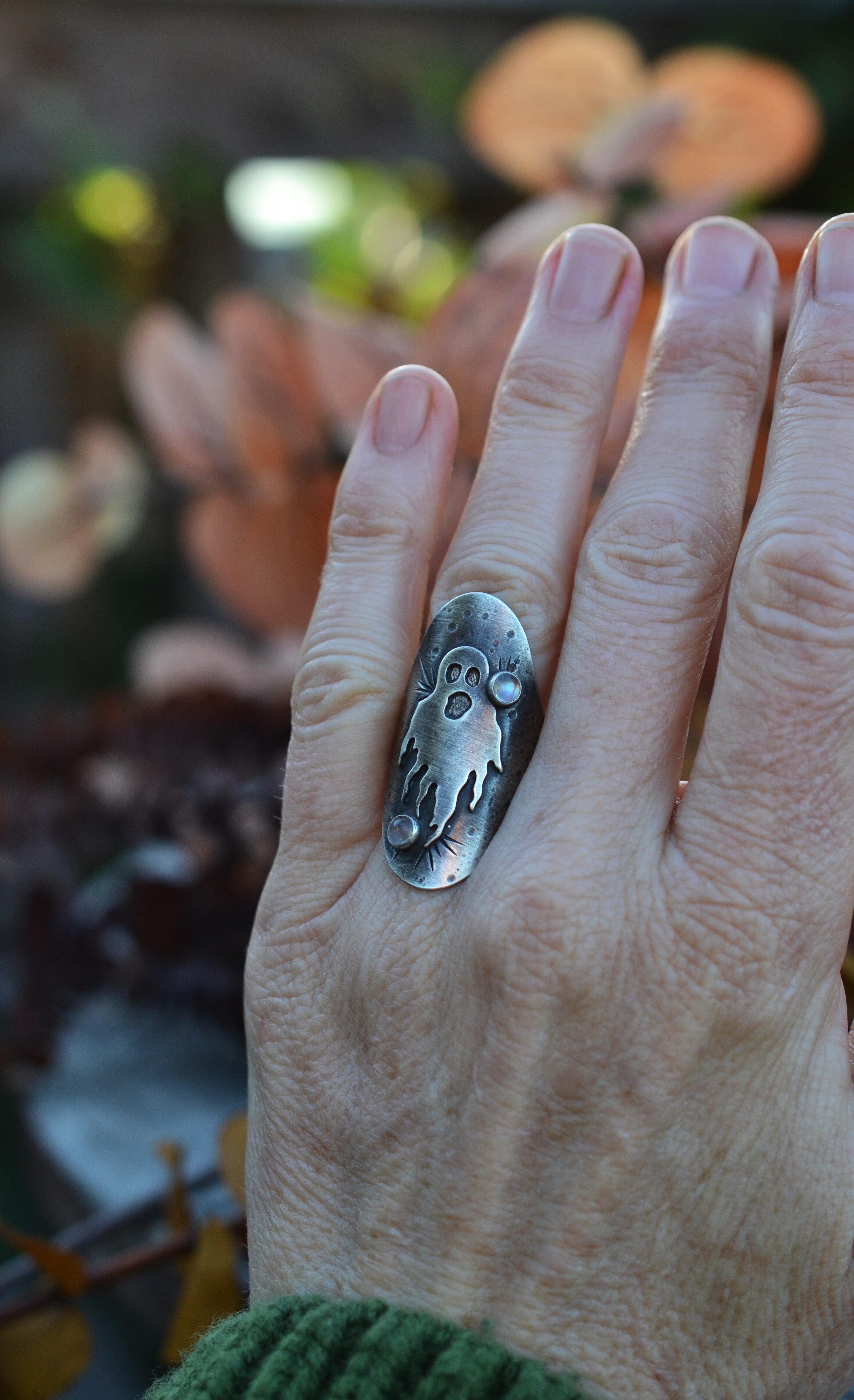 Ghastly Ghost Ring  - Rainbow Moonstone - Size 7