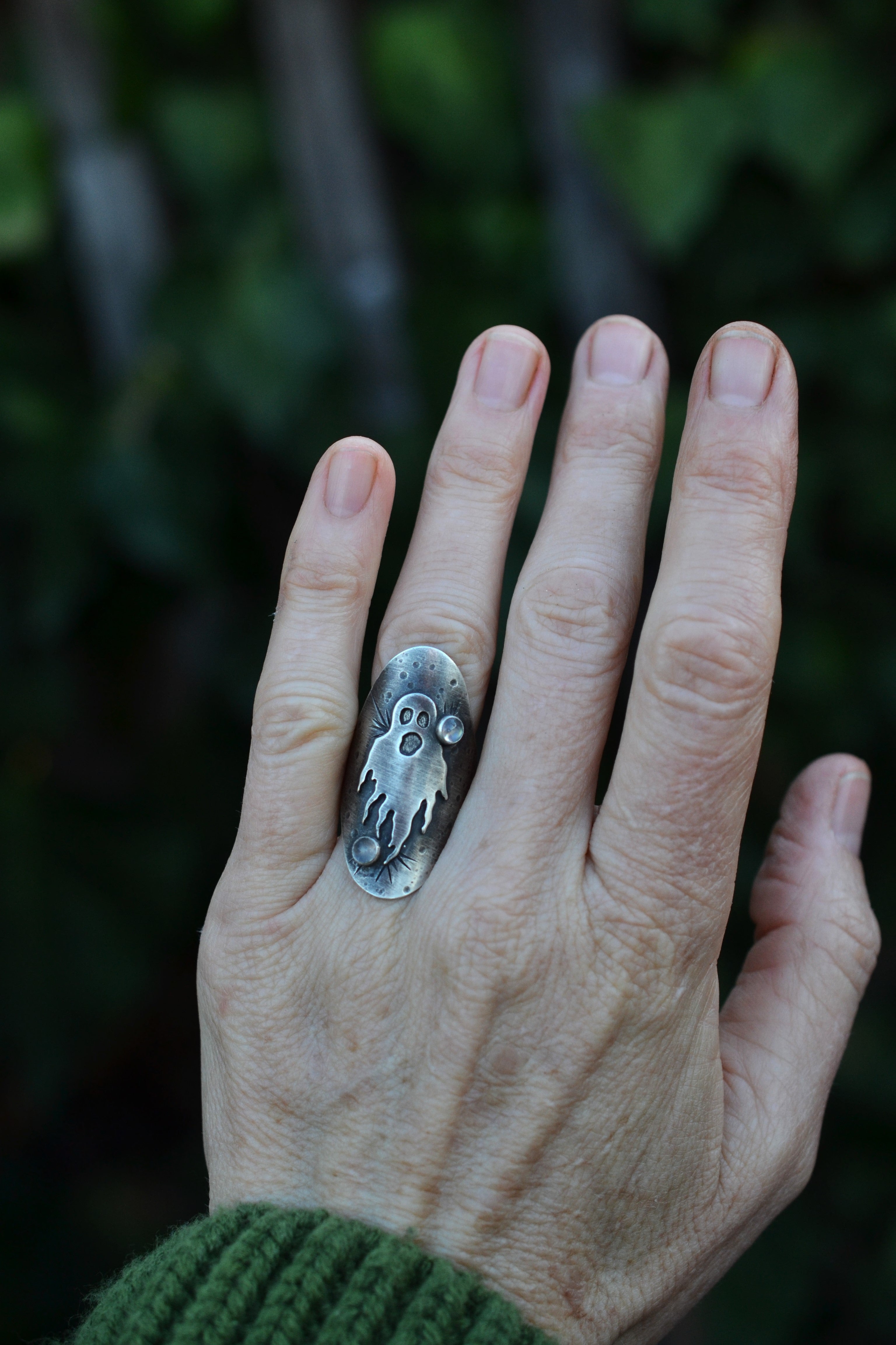 Ghastly Ghost Ring  - Rainbow Moonstone - Size 7