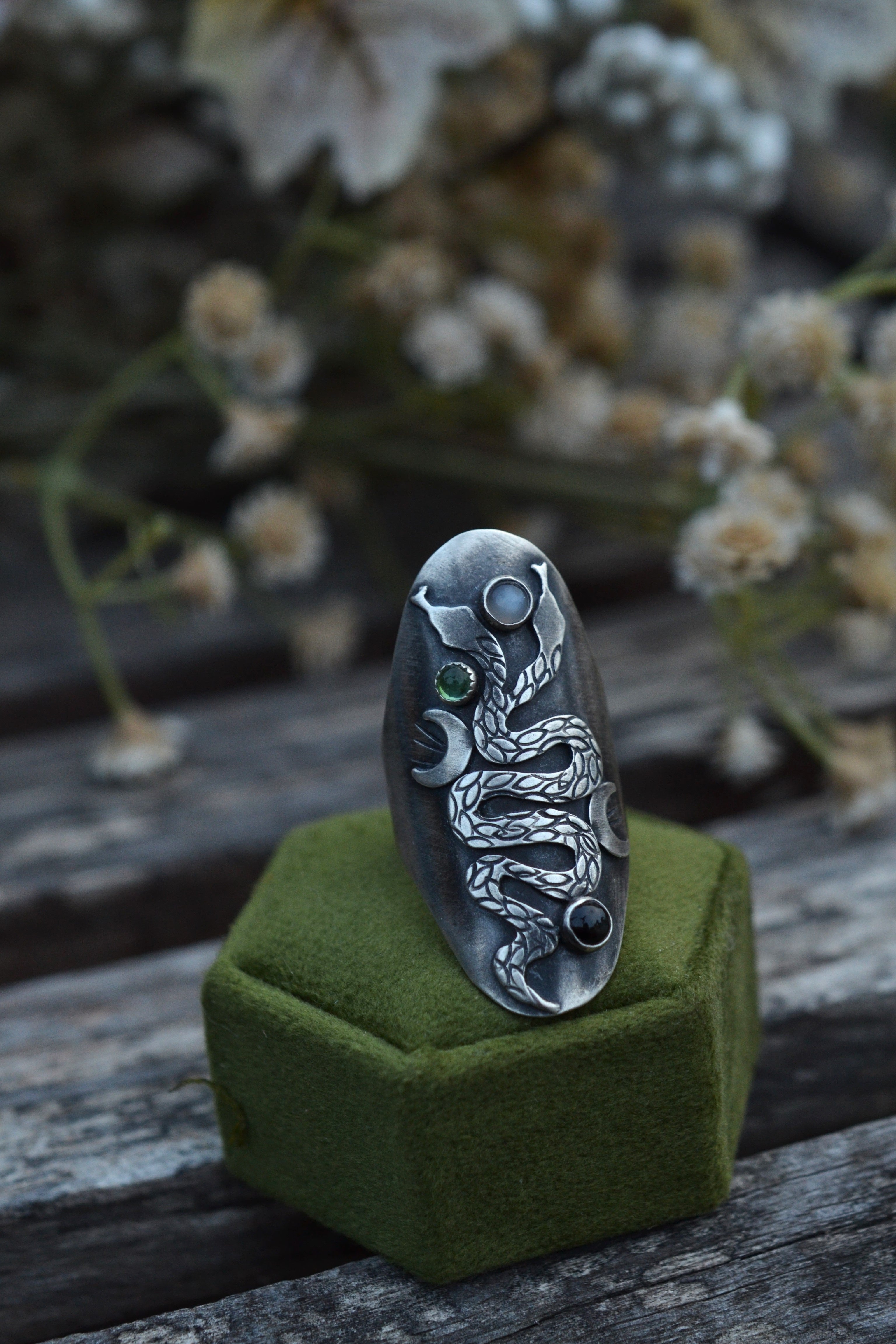 Twin Headed Snake Ring - Grey Moonstone/Green Tourmaline/Black Star Diopside - Size 7