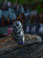 Sailors Warning Saddle Ring - CAST - Rainbow Moonstone and Lapis Lazuli - Will Fit Like a Size 9