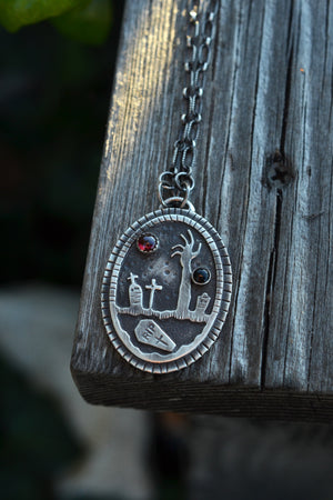Night of the Dead Graveyard Pendant - Garnet and Black Onyx - 18" Chain Included