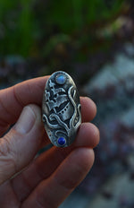 Sailors Warning Saddle Ring - CAST - Rainbow Moonstone and Lapis Lazuli - Will Fit Like a Size 9