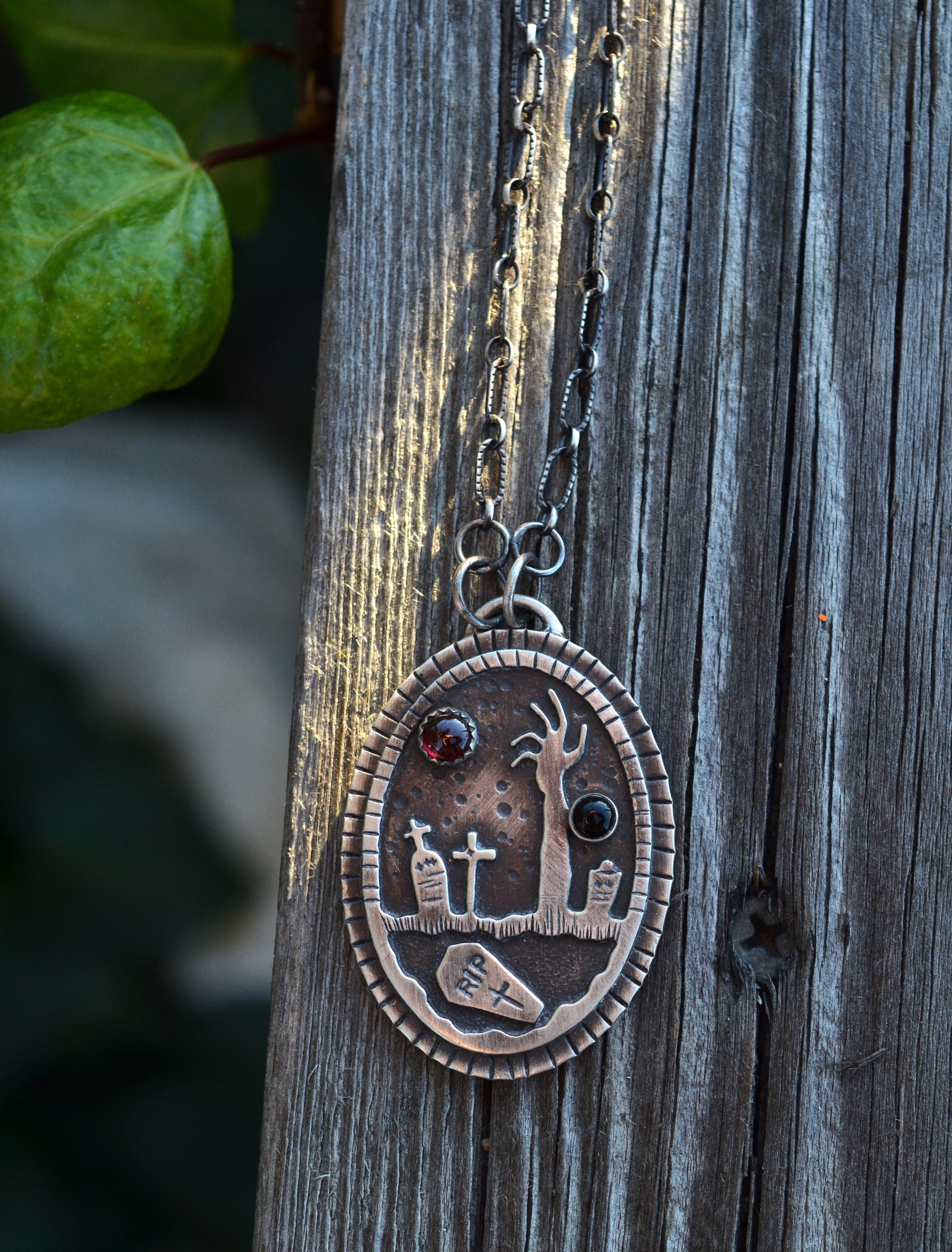 Night of the Dead Graveyard Pendant - Garnet and Black Onyx - 18" Chain Included