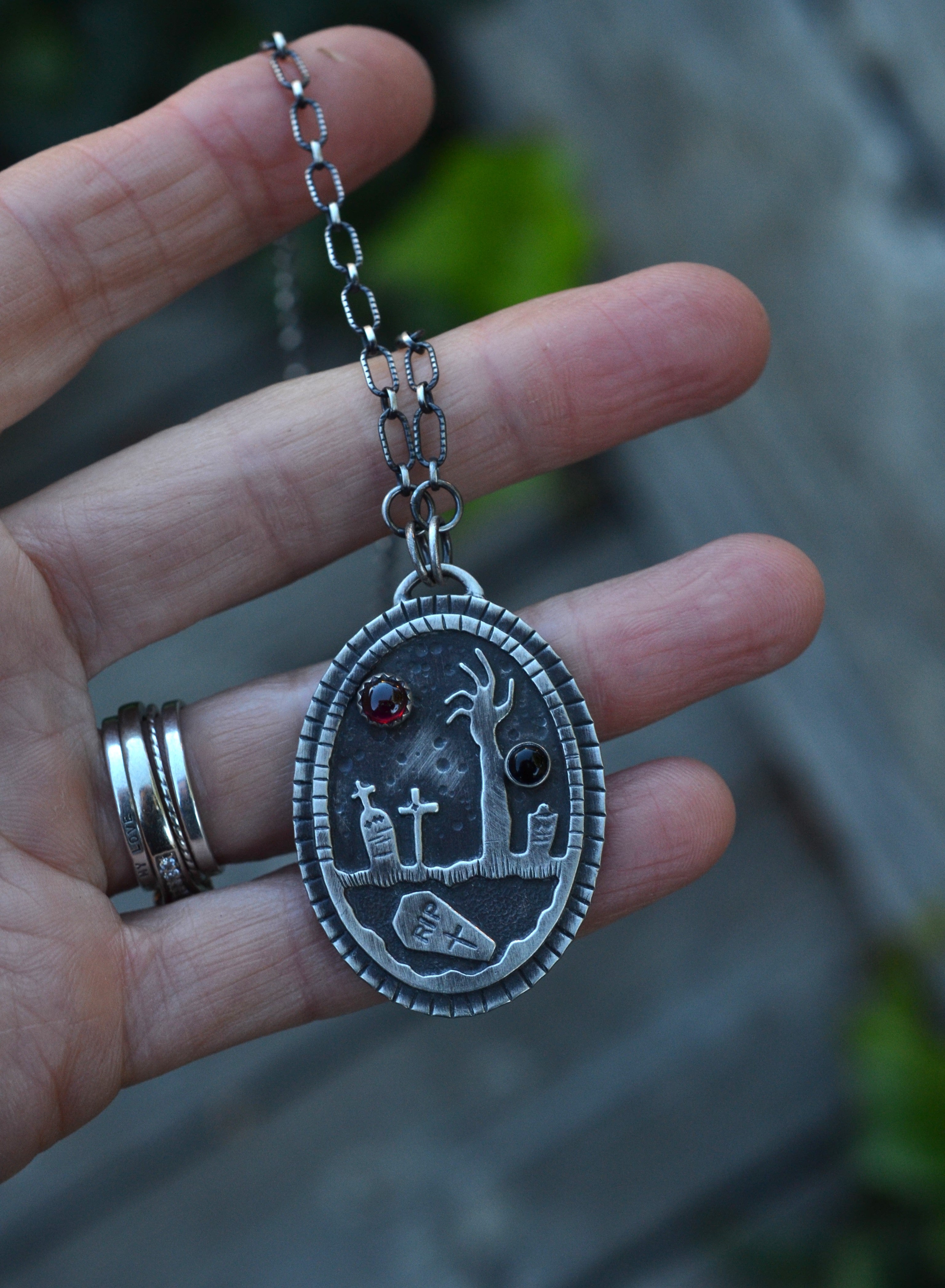 Night of the Dead Graveyard Pendant - Garnet and Black Onyx - 18" Chain Included