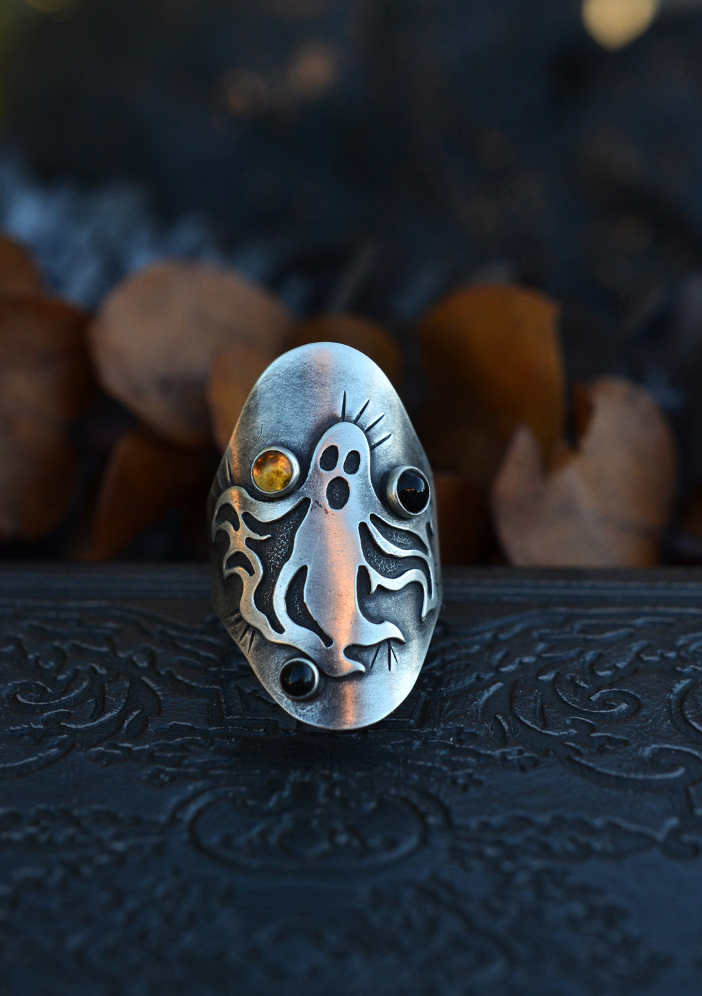 Spooky Spirit Ring  - Citrine and Black Onyx Gemstones - Will Fit Like a Size 8.5
