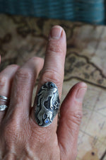 Sea Siren - Mermaid and Peace Turtle Saddle Ring - Rainbow Moonstone and Blue Topaz - Will fit like a Size 10