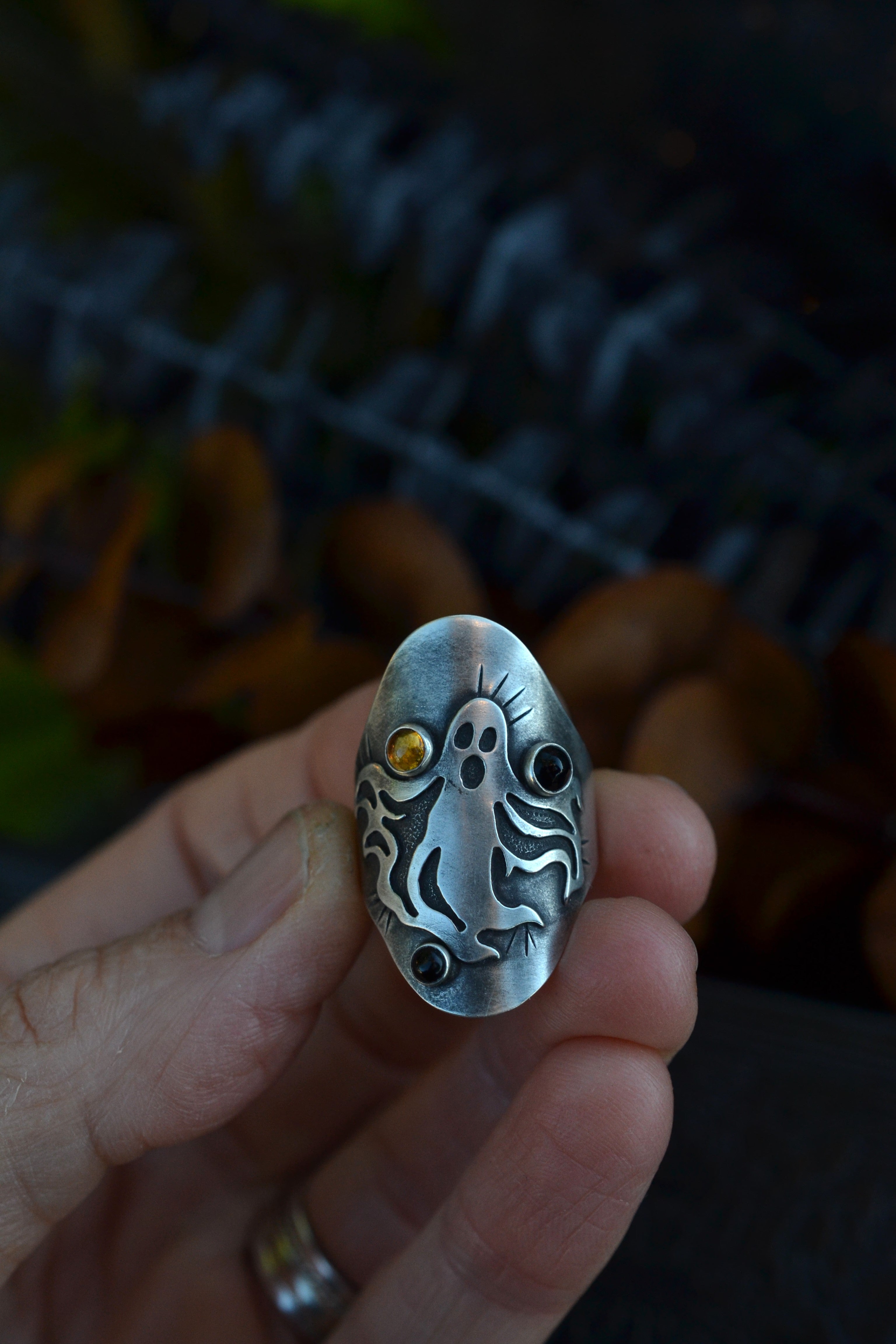 Spooky Spirit Ring  - Citrine and Black Onyx Gemstones - Will Fit Like a Size 8.5