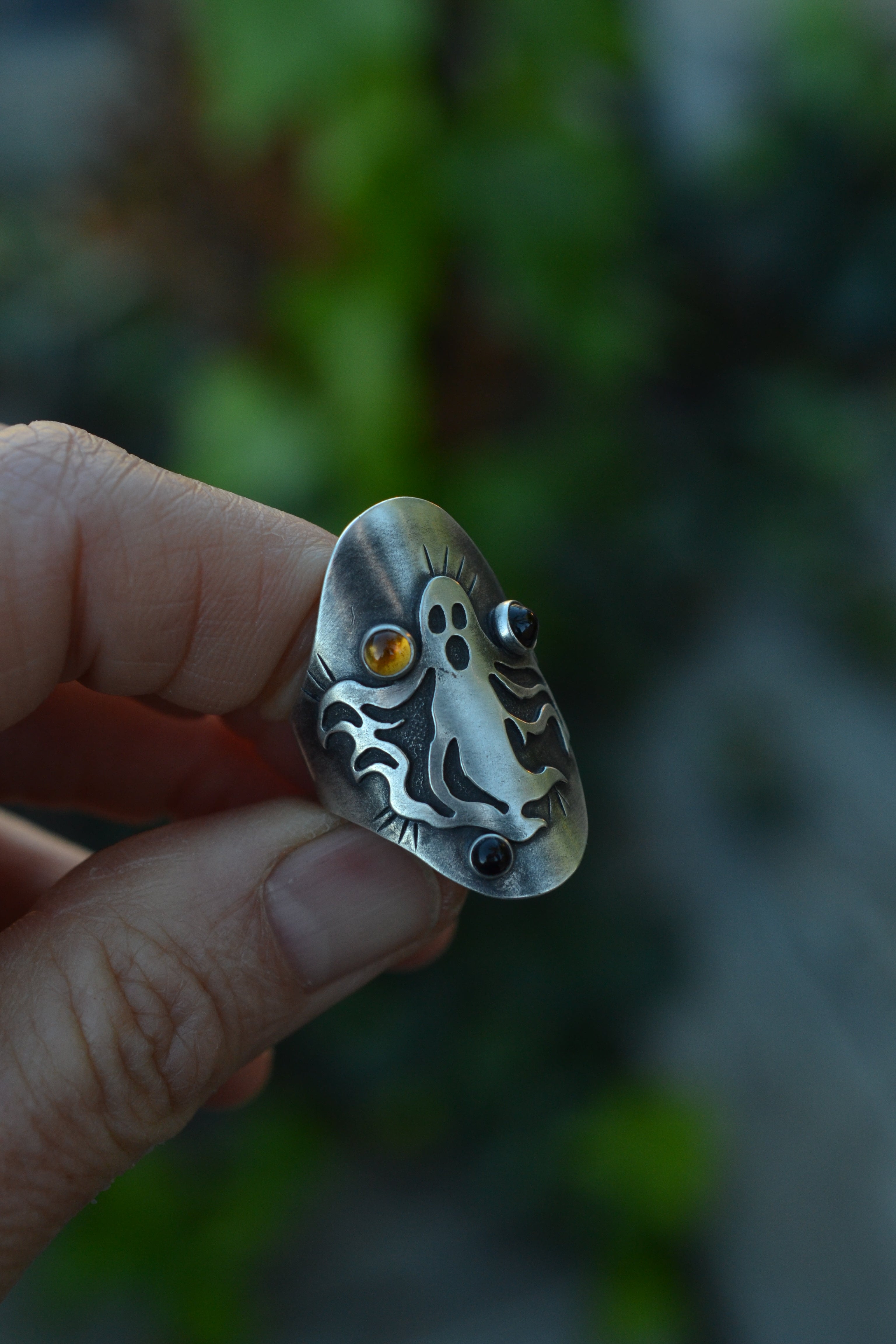 Spooky Spirit Ring  - Citrine and Black Onyx Gemstones - Will Fit Like a Size 8.5