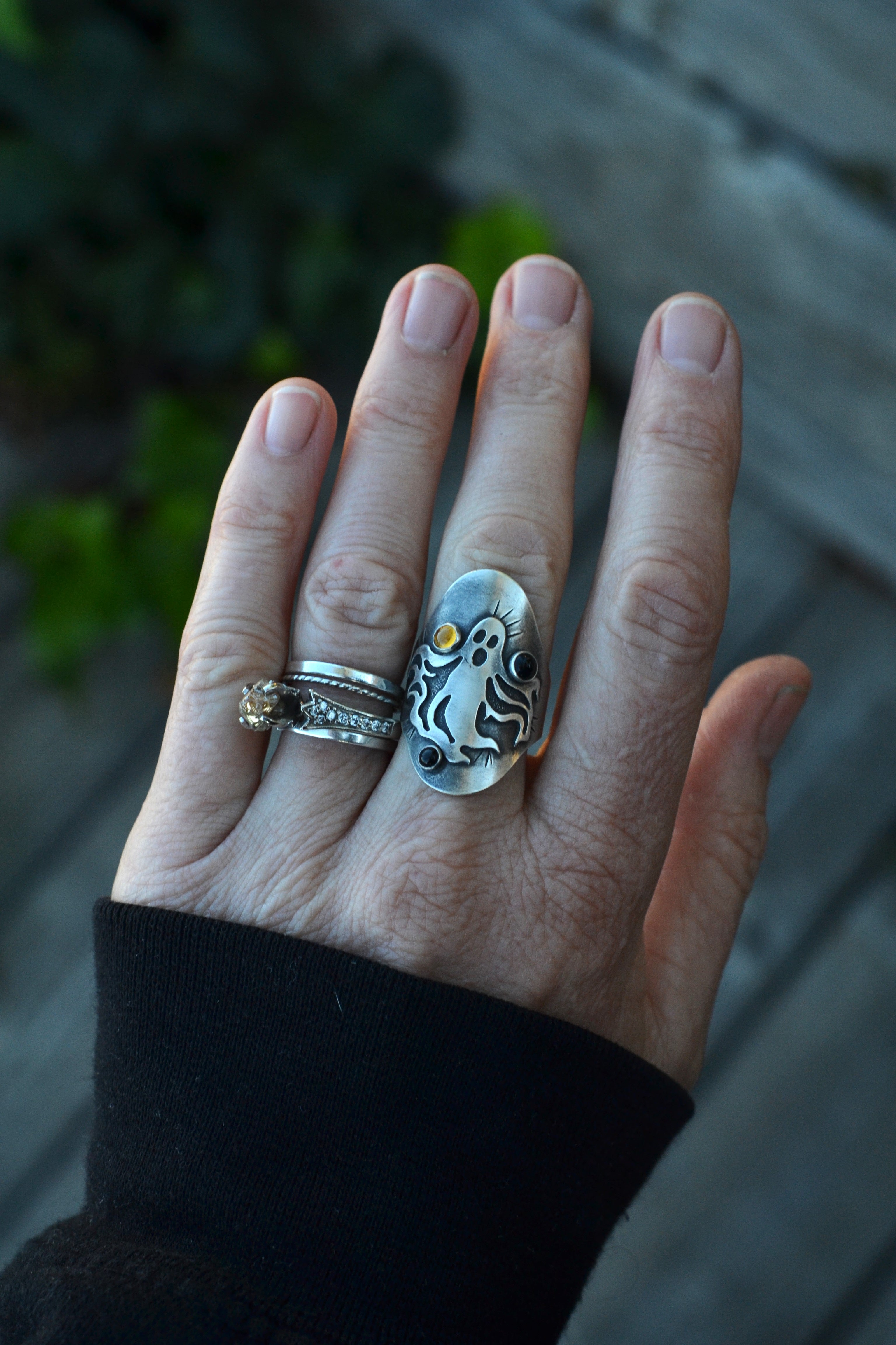 Spooky Spirit Ring  - Citrine and Black Onyx Gemstones - Will Fit Like a Size 8.5