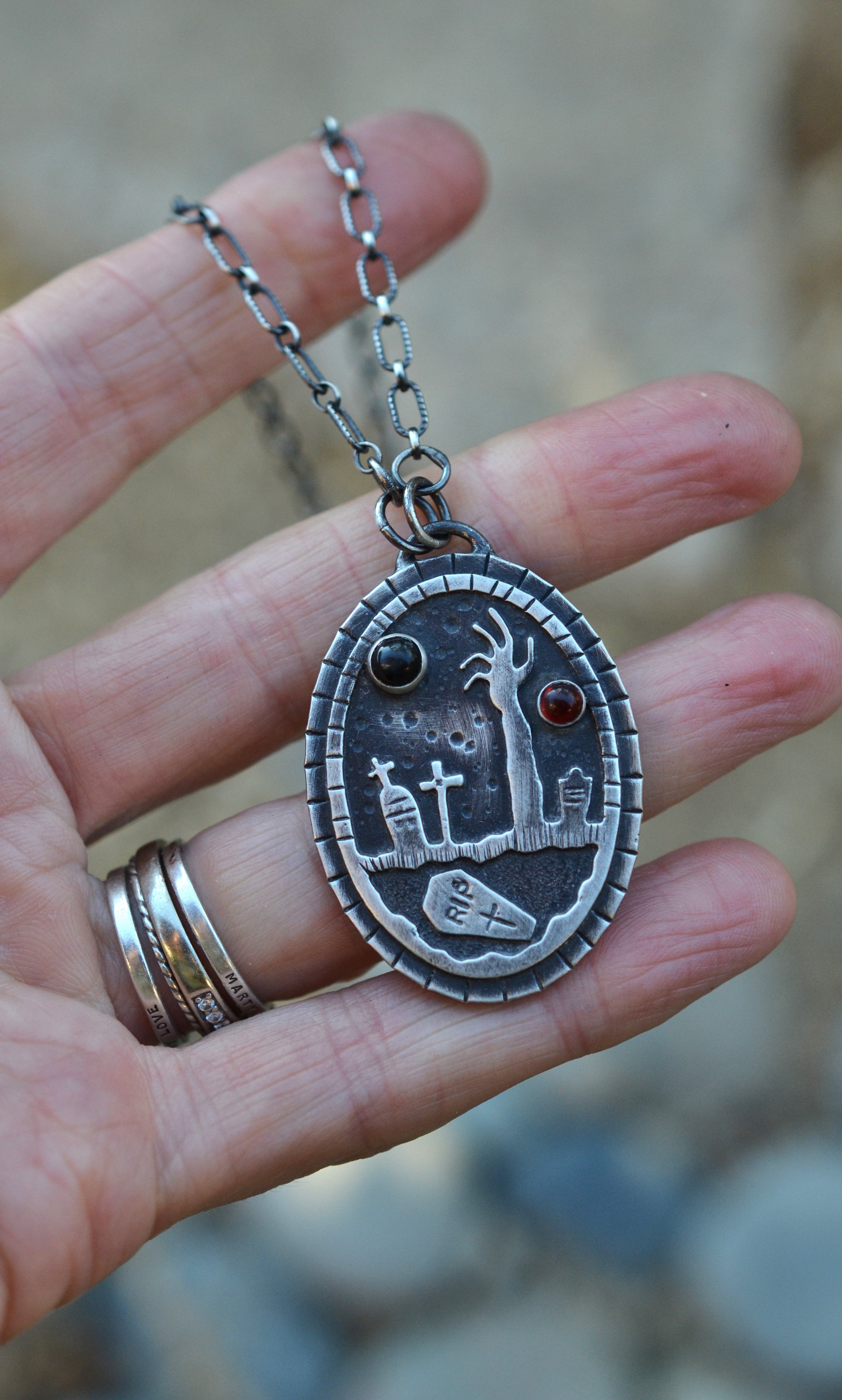 Zombie Graveyard Pendant - Black Star Diopside and Garnet - 24" Chain Included