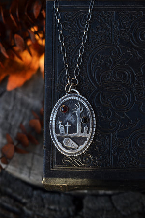 Night of the Dead Graveyard Pendant - Garnet and Black Onyx - 18" Chain Included