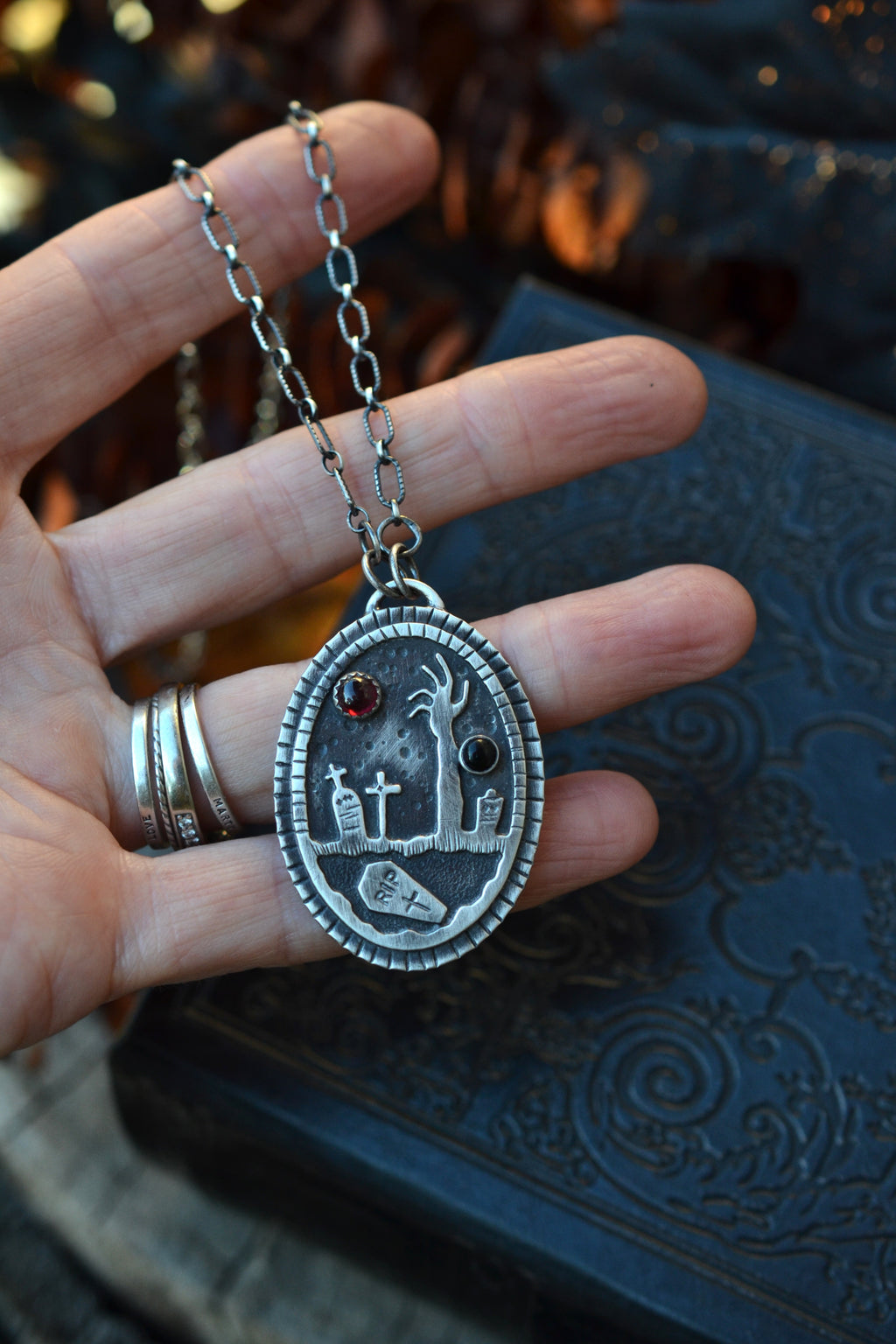 Night of the Dead Graveyard Pendant - Garnet and Black Onyx - 18" Chain Included