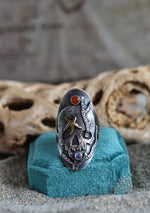 Skull Sea Kelp/Starfish Saddle Ring - Rainbow Moonstone and Carnelian - Will Fit like a Size 9.5