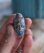 Skull Sea Kelp/Starfish Saddle Ring - Rainbow Moonstone and Carnelian - Will Fit like a Size 9.5