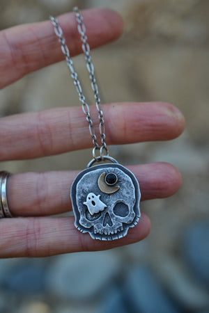 Halloween Skull Charm - Ghost and Moon - Black Onyx - 20" Chain Included