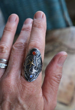 Skull Sea Kelp/Starfish Saddle Ring - Rainbow Moonstone and Carnelian - Will Fit like a Size 9.5
