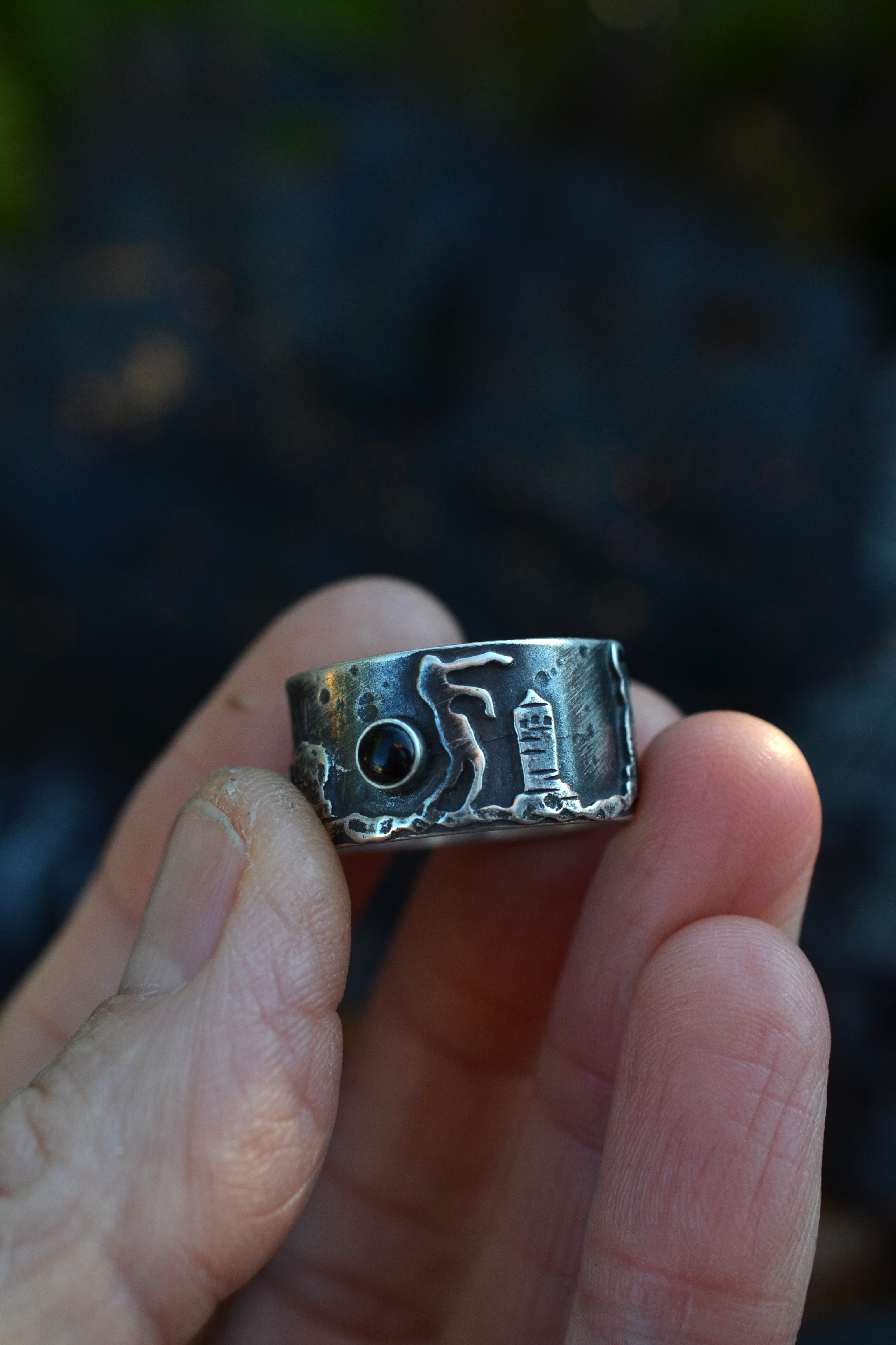 Walking Dead Zombie Graveyard Ring - Size 9.5 - Black Onyx and Gray Moonstone